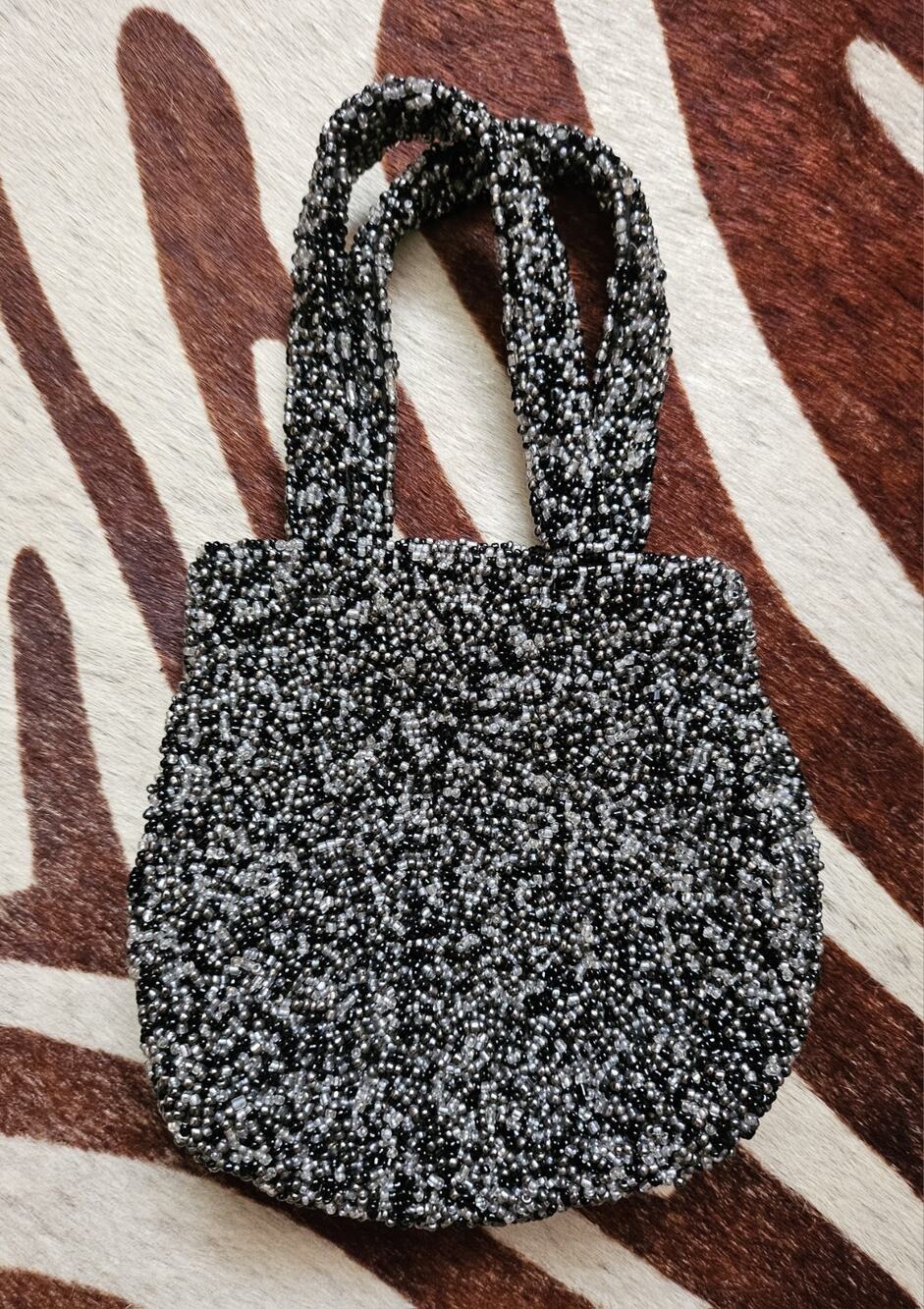 Vintage Deadstock Moyna Black & White Glass Beaded Mini Evening Handbag